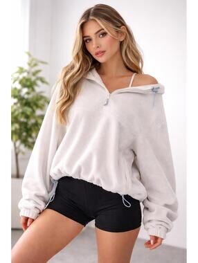 SO Well Worn Off White 1/4 Zip Pullover with Drawstring Sporty Fitness Spring XL